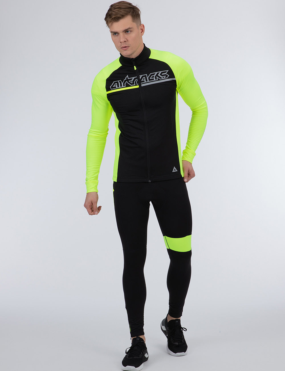 Set termico invernale da uomo per ciclismo (2 pz.) Maglia da ciclismo Pro Team a manica lunga + pantaloni con bretelle lunghi - Pacchetto DC Neon Nero