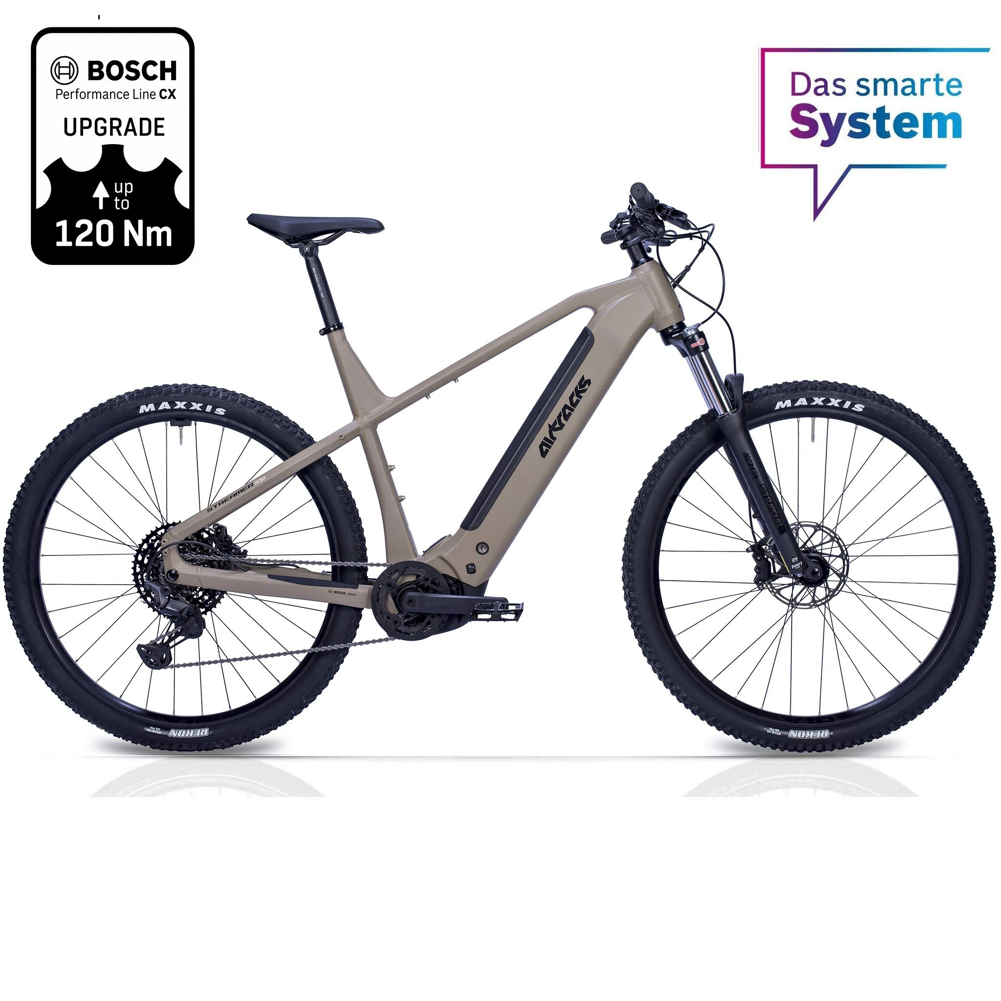 29" Herren E-MTB STREAMER CX11 BOSCH PERFORMANCE LINE CX GEN 5 (120 Nm) Smart System POWERTUBE 600Wh 11 x GANG SHIMANO XT RD-M8310 Beige