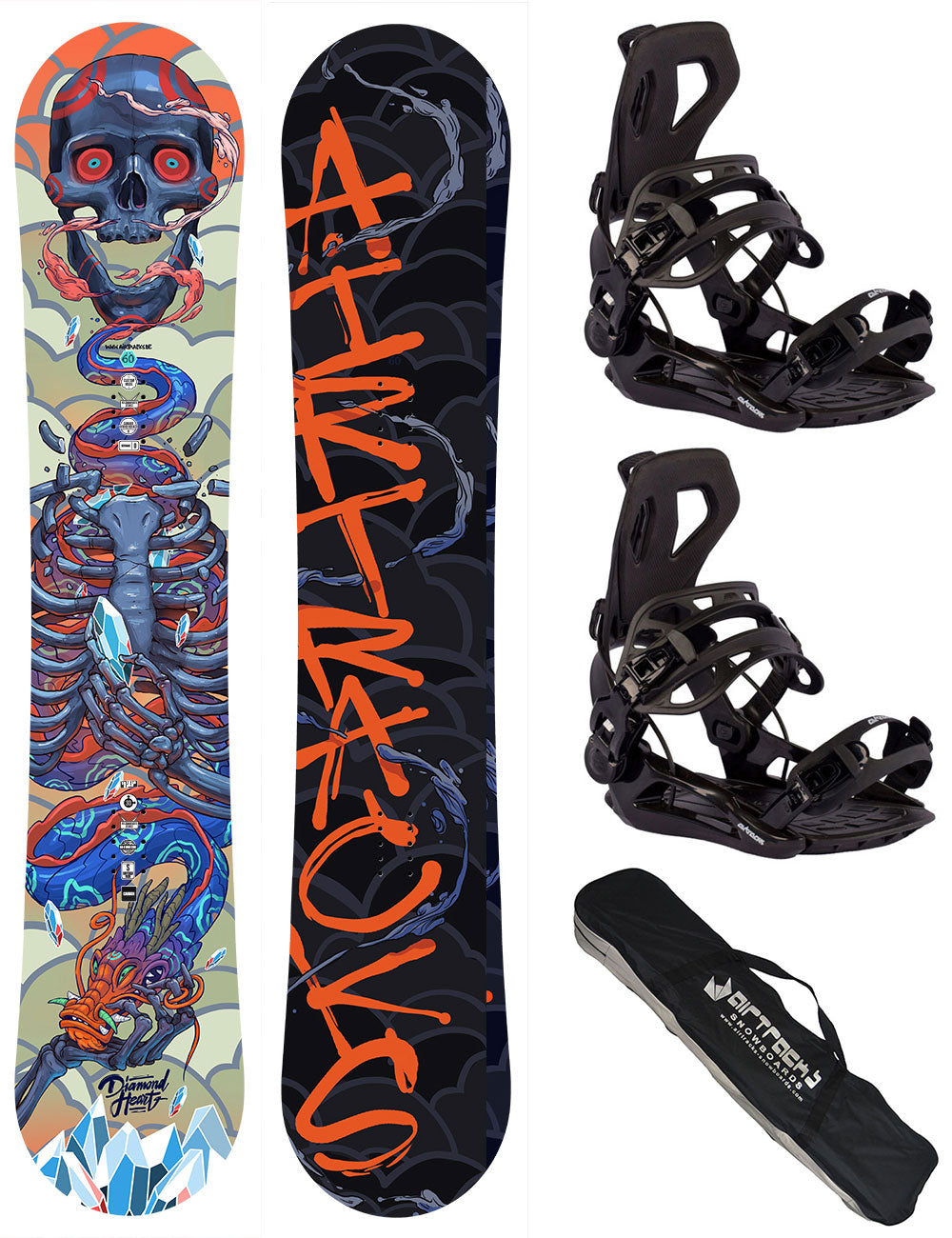 Mannen Snowboard Set Diamond Heart Carbon Hybrid Rocker + Snowboard Binding Master Pro + SB Bag