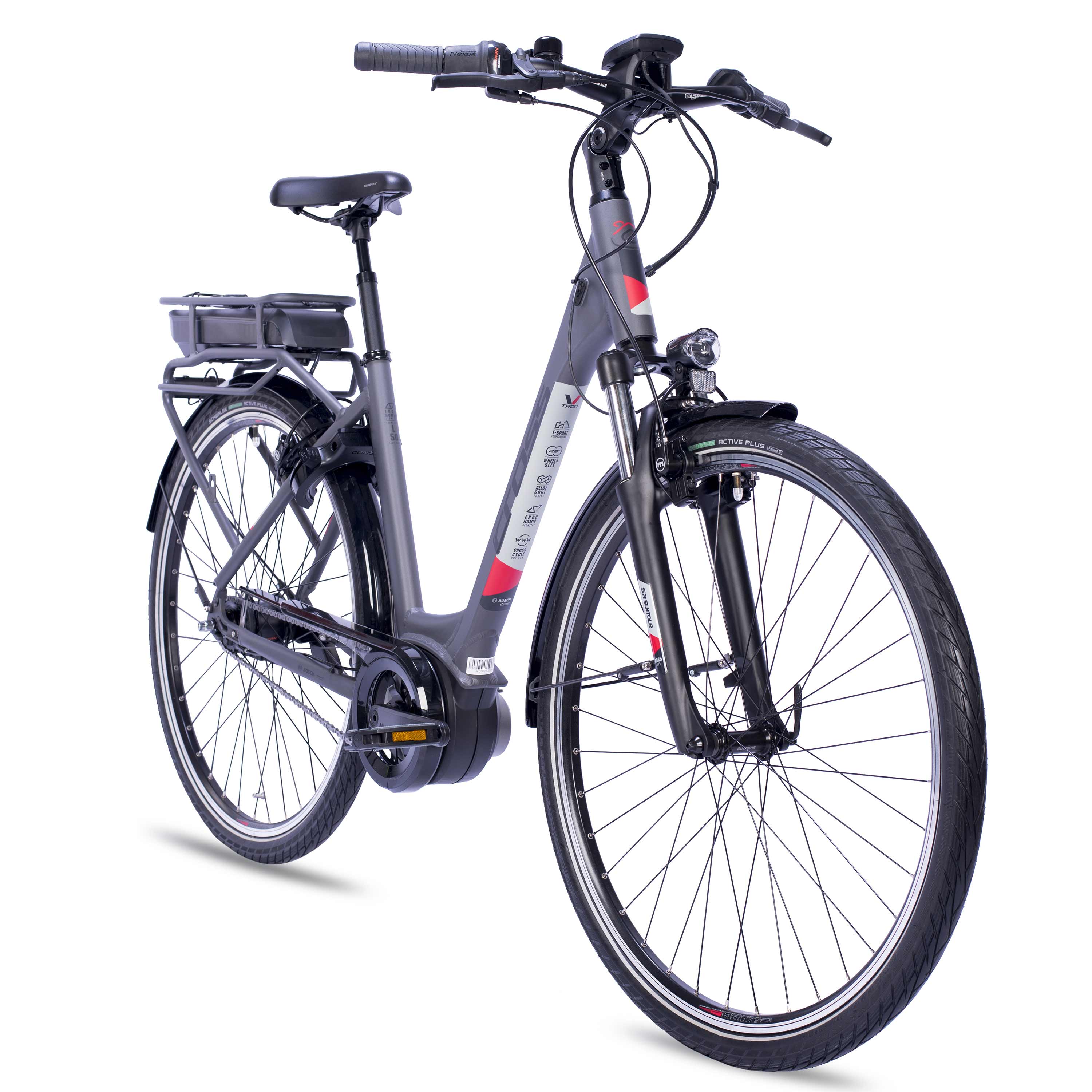 28" Bicicletta elettrica da città V-Tron RACK BOSCH ACTIVE LINE PLUS 400 Wh 7 VELOCITÀ SHIMANO NEXUS FRENO A CONTROPEDALE POSTERIORE
