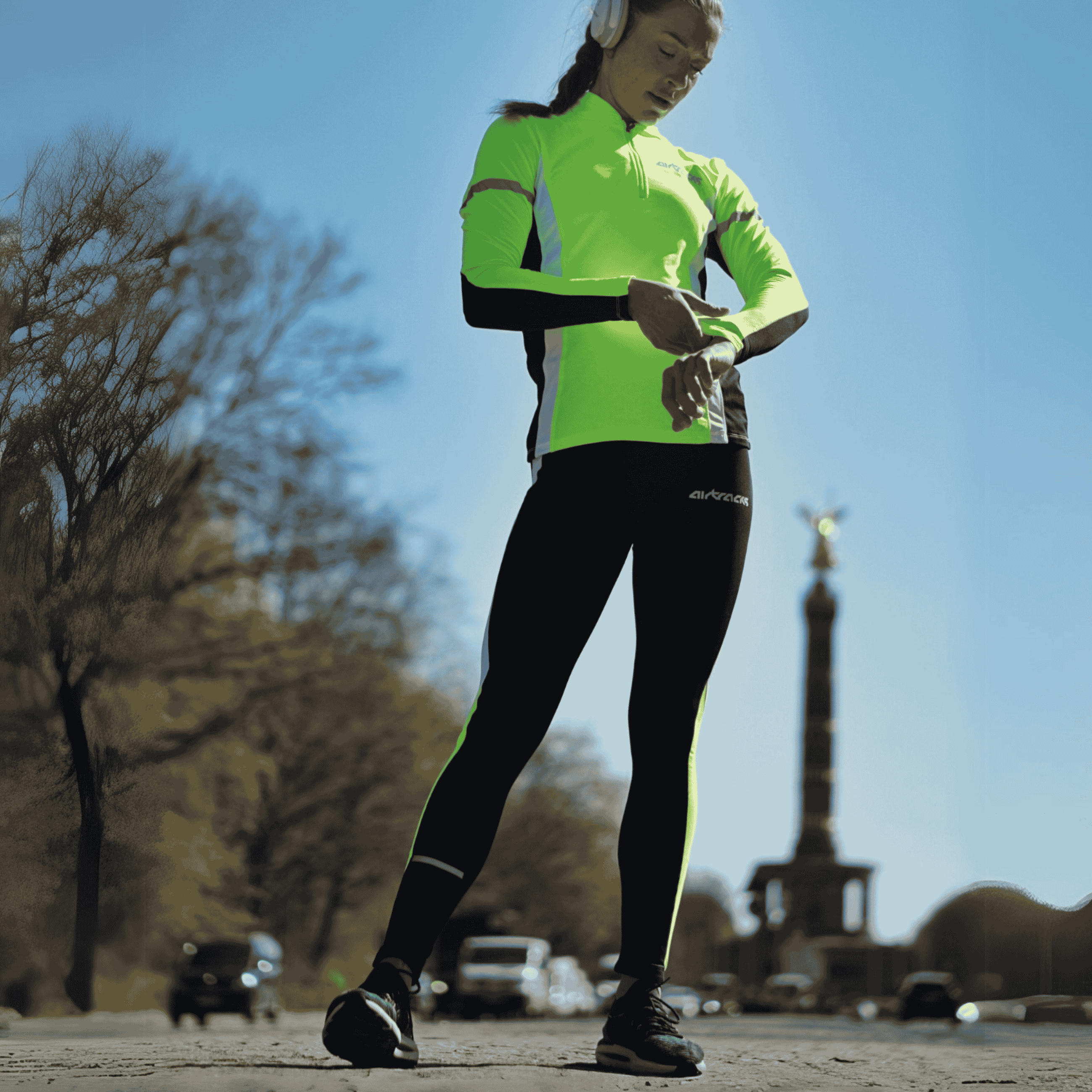 Airtracks Damen Thermo Funktions Laufset Laufhose Tight Lang + Thermo Funktions Laufshirt Langarm - Schwarz-Neon